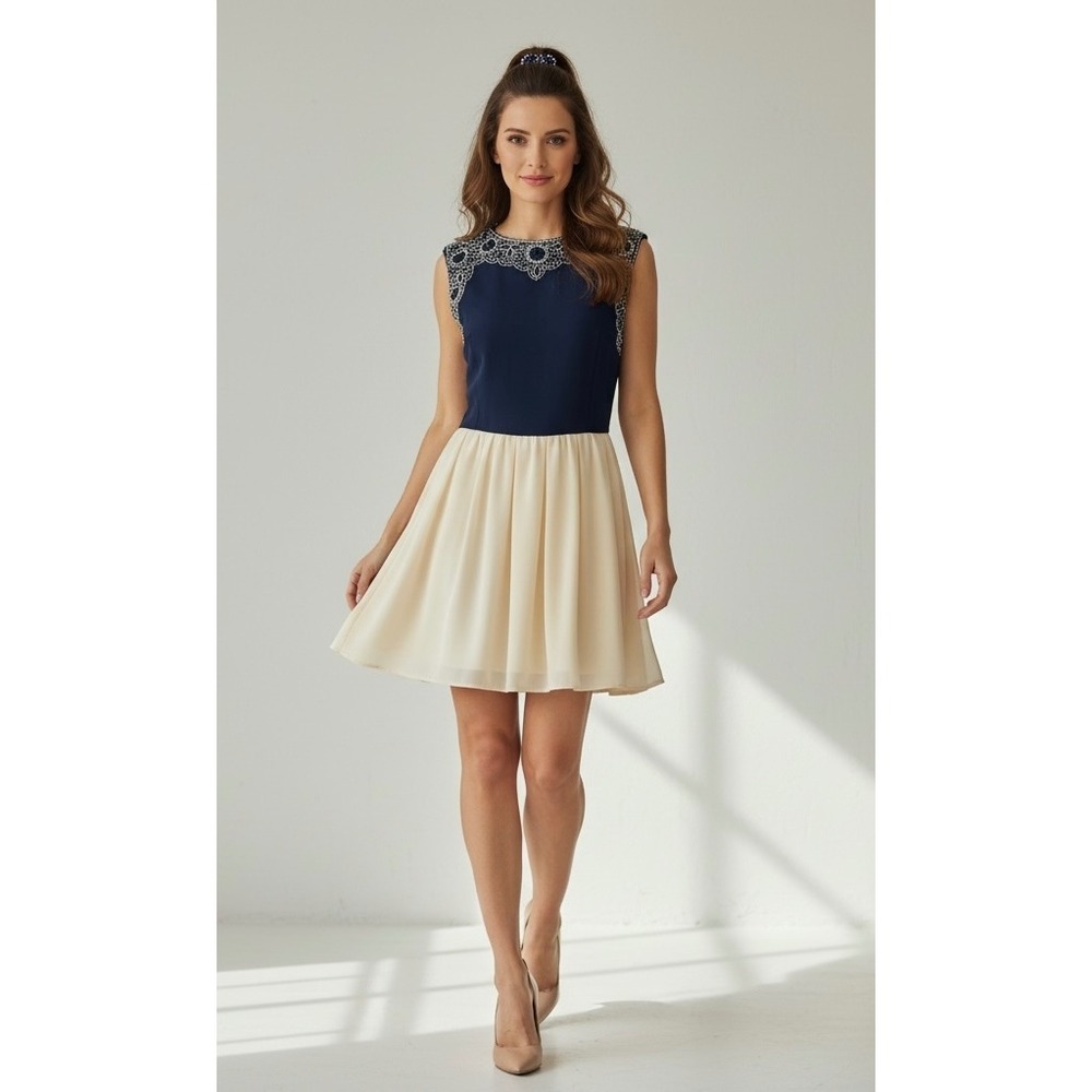 TFNC London Navy & Ivory Beaded Large‎ Fit Flare Dress